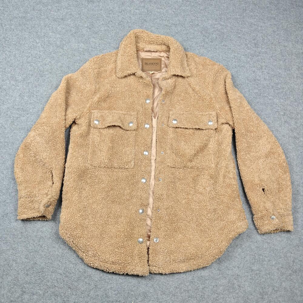 BLANKNYC Jacket Womens XS Beige Faux Fur Sherpa Snap Front Pockets Lined Teddy